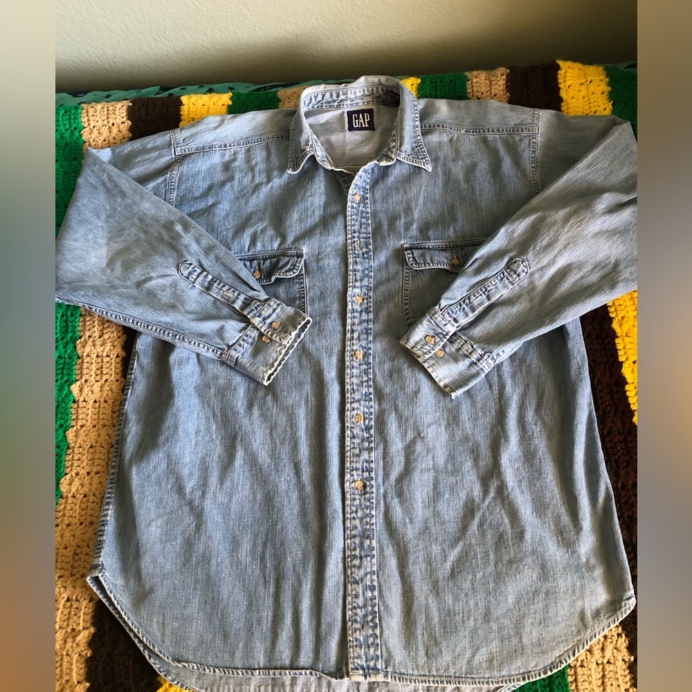 vtg 90s gap light blue denim button down shirt mens XL